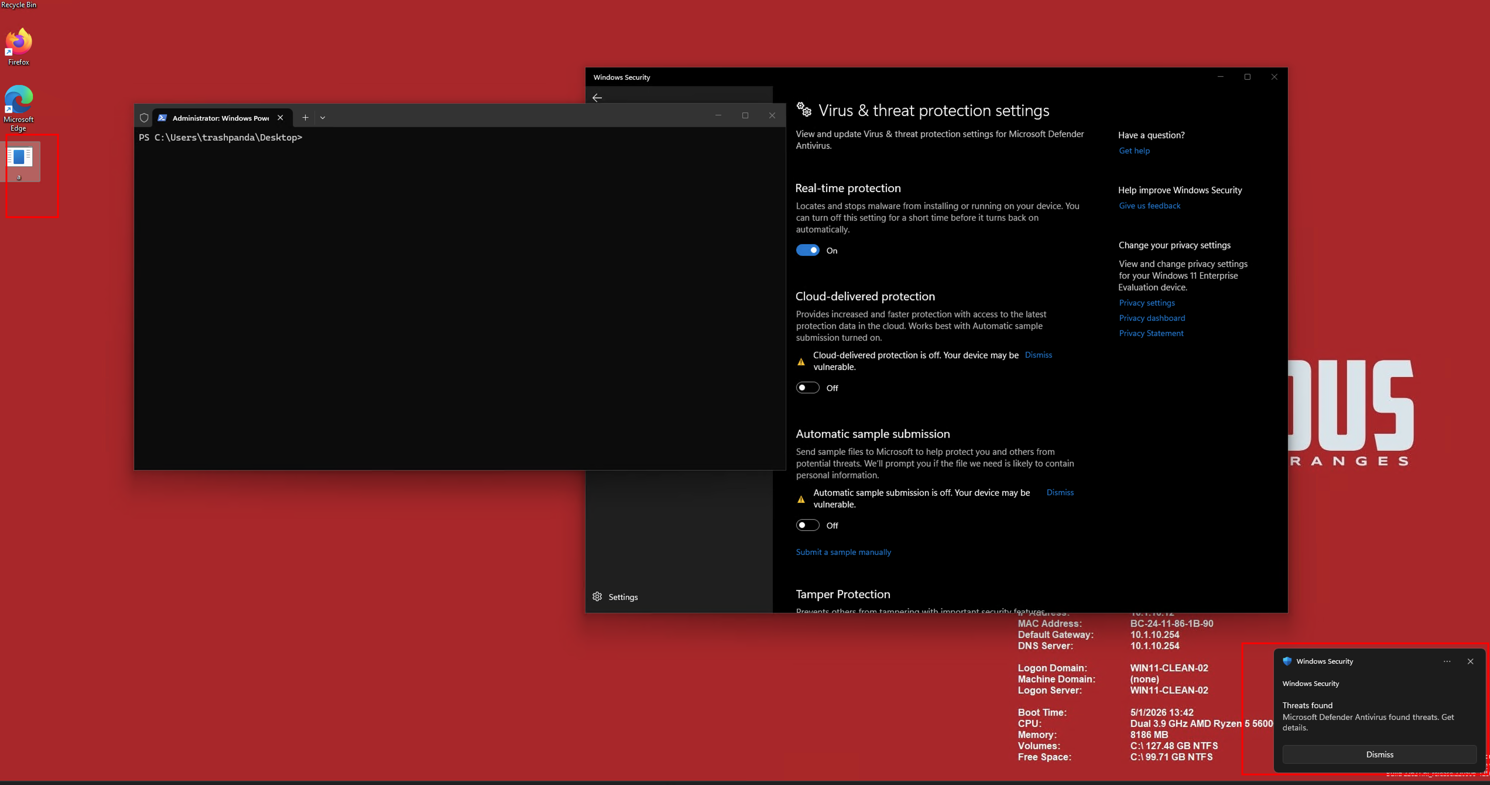 Windows Defender “Threats found” toast notification after running an XOR-encrypted msfvenom payload