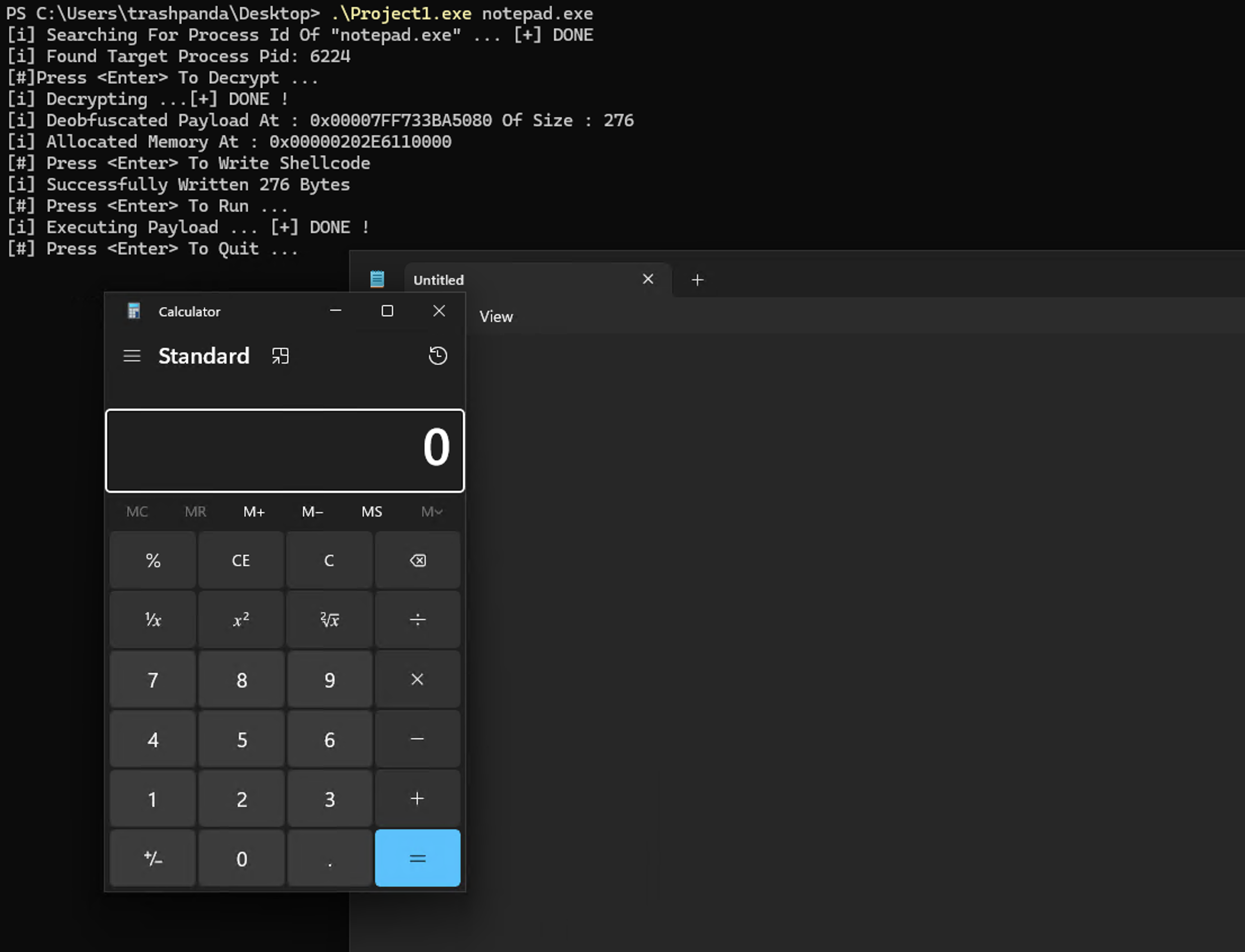 calc.exe popped from the injected notepad.exe process while notepad stays alive thanks to EXITFUNC=thread