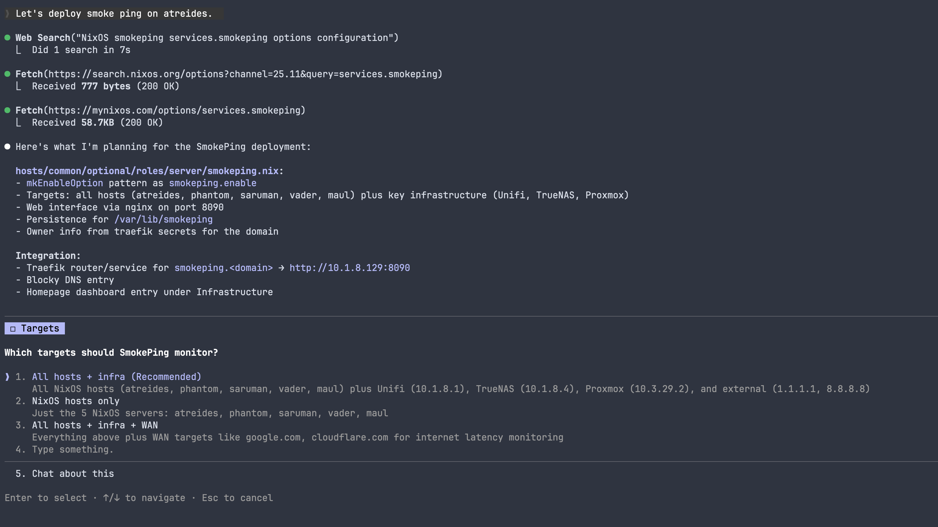 Claude developing a plan for smokeping deployment